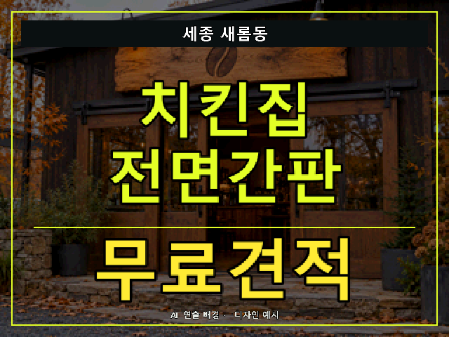 세종 새롬동 치킨집 전면간판 무료견적 안내 썸네일 · AI 연출 배경