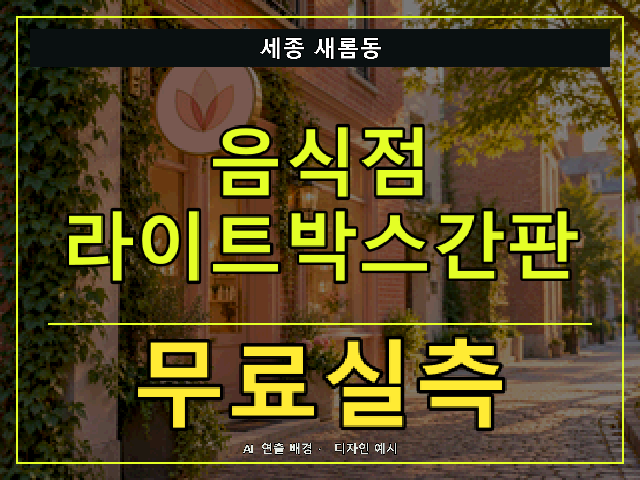 세종 새롬동 음식점 라이트박스간판 무료실측 안내 썸네일 · AI 연출 배경