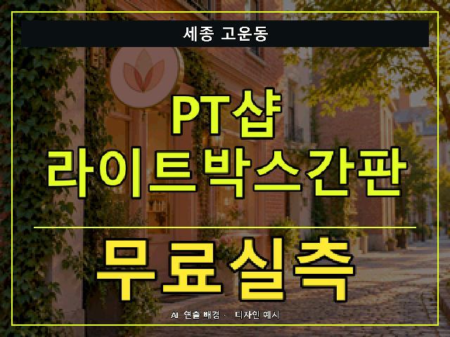 세종 고운동 PT샵 라이트박스간판 무료실측 안내 썸네일 · AI 연출 배경