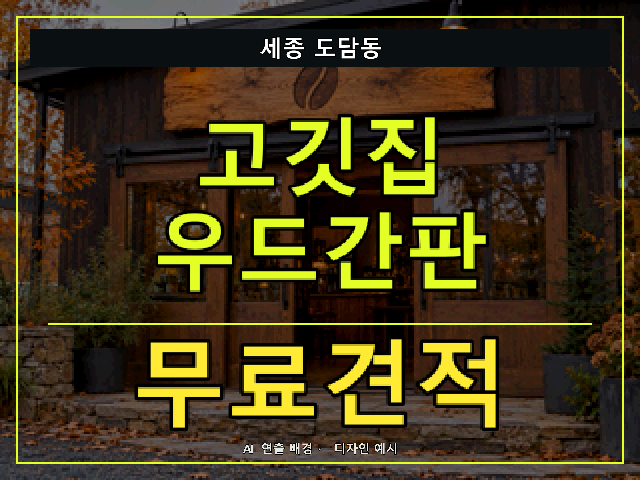 세종 도담동 고깃집 우드간판 무료견적 안내 썸네일 · AI 연출 배경