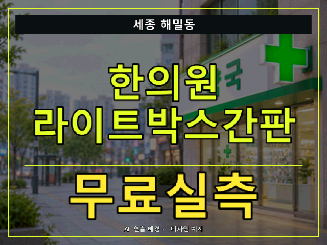 세종 해밀동 한의원 라이트박스간판 무료실측 안내 썸네일 · AI 연출 배경