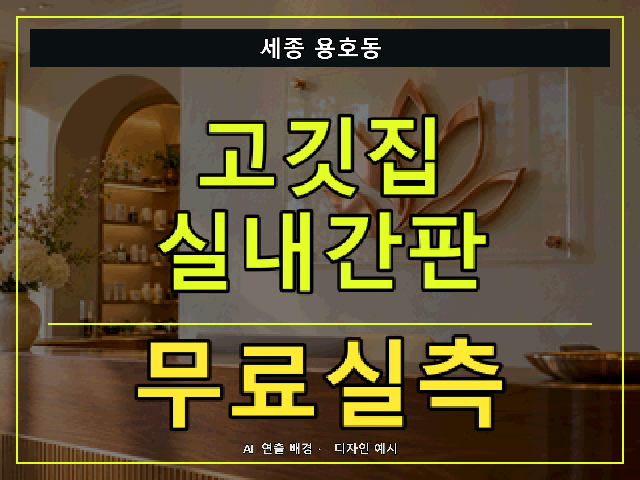 세종 용호동 고깃집 실내간판 무료실측 안내 썸네일 · AI 연출 배경