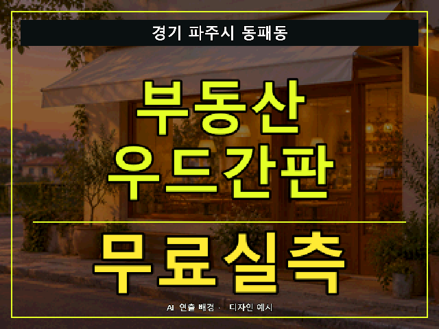 경기 파주시 동패동 부동산 우드간판 무료실측 안내 썸네일 · AI 연출 배경