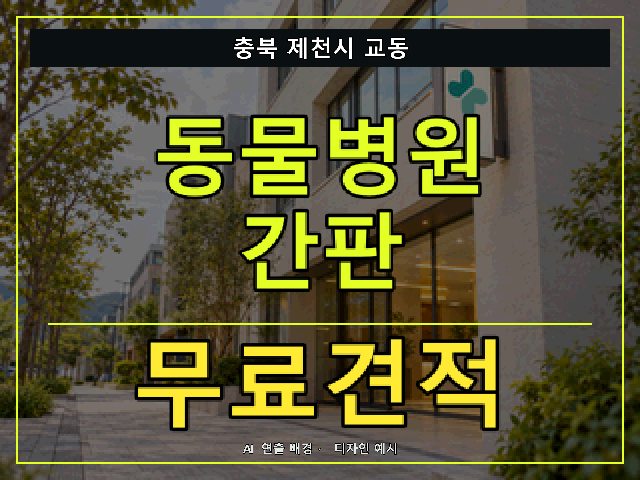 충북 제천시 교동 동물병원 간판 무료견적 안내 썸네일 · AI 연출 배경