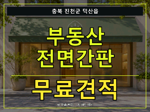 충북 진천군 덕산읍 부동산 전면간판 무료견적 안내 썸네일 · AI 연출 배경