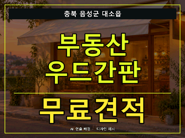 충북 음성군 대소읍 부동산 우드간판 무료견적 안내 썸네일 · AI 연출 배경
