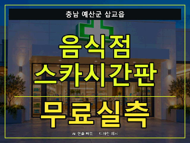 충남 예산군 삽교읍 음식점 스카시간판 무료실측 안내 썸네일 · AI 연출 배경
