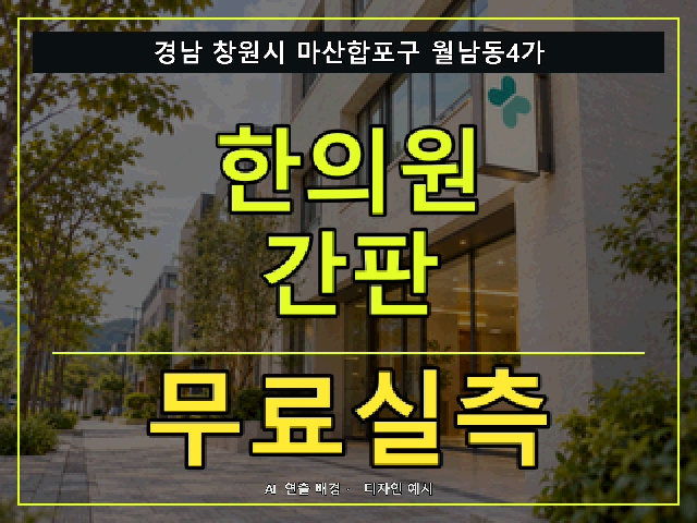경남 창원시 마산합포구 월남동4가 한의원 간판 무료실측 안내 썸네일 · AI 연출 배경