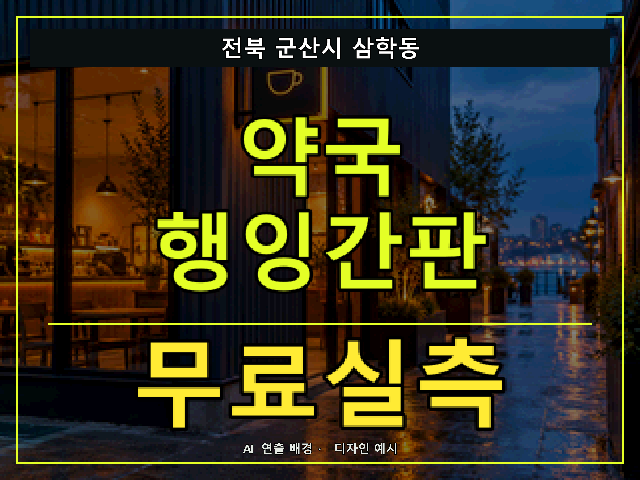 전북 군산시 삼학동 약국 행잉간판 무료실측 안내 썸네일 · AI 연출 배경