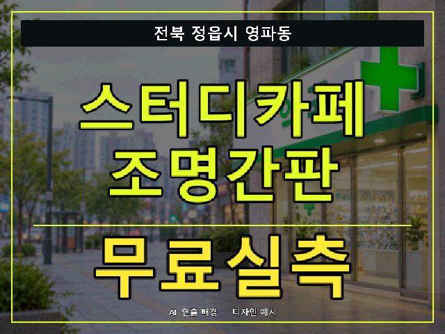 전북 정읍시 영파동 스터디카페 조명간판 무료실측 안내 썸네일 · AI 연출 배경