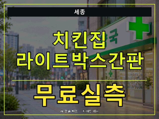 세종 치킨집 라이트박스간판 무료실측 안내 썸네일 · AI 연출 배경