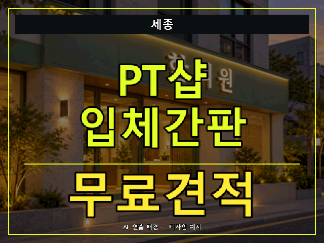 세종 PT샵 입체간판 무료견적 안내 썸네일 · AI 연출 배경