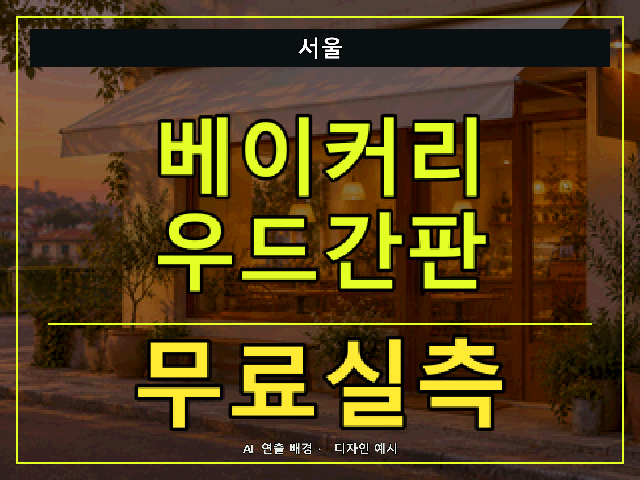 서울 베이커리 우드간판 무료실측 안내 썸네일 · AI 연출 배경