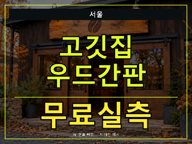 서울 고깃집 우드간판 무료실측 안내 썸네일 · AI 연출 배경
