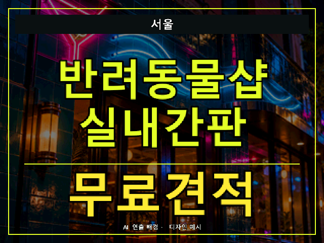 서울 반려동물샵 실내간판 무료견적 안내 썸네일 · AI 연출 배경