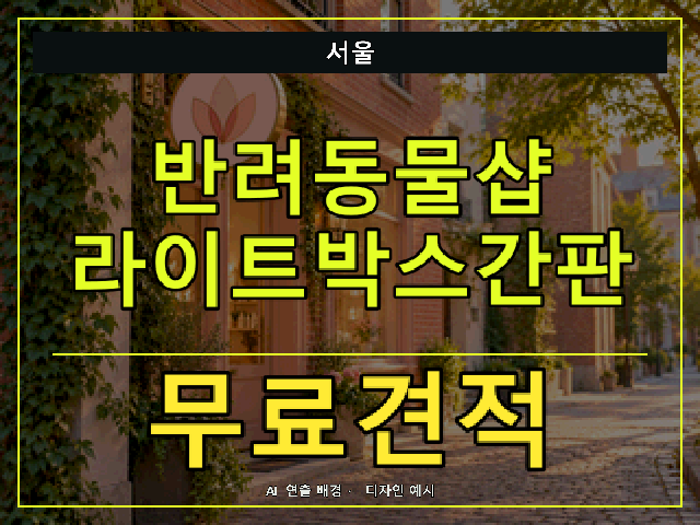 서울 반려동물샵 라이트박스간판 무료견적 안내 썸네일 · AI 연출 배경