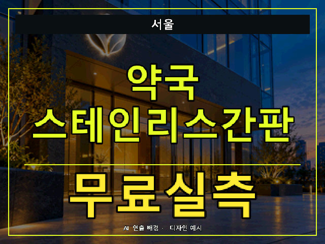 서울 약국 스테인리스간판 무료실측 안내 썸네일 · AI 연출 배경
