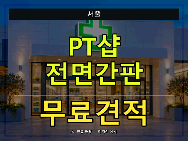 서울 PT샵 전면간판 무료견적 안내 썸네일 · AI 연출 배경